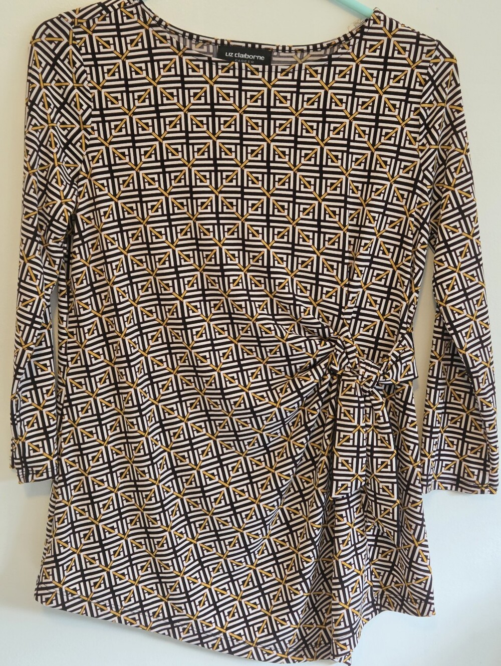 Liz Claiborne Black, White & Mustard Geometric Tie-Front Long Sleeve Blouse